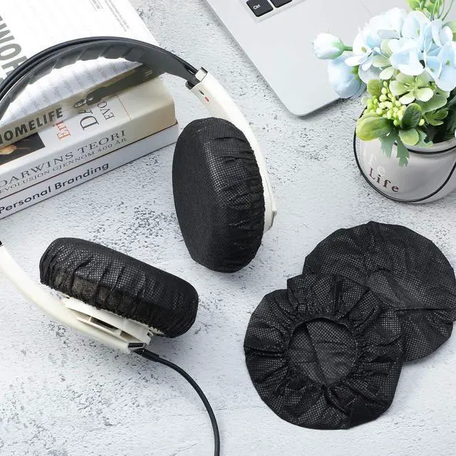 Alt view image 6 of 6 - 100 Pieces Headphone Ear Covers Disposable Earphone Sanitary Non-Woven Stretch Earpad Covers Fit for Most on Ear Headphones(11 cm Black)