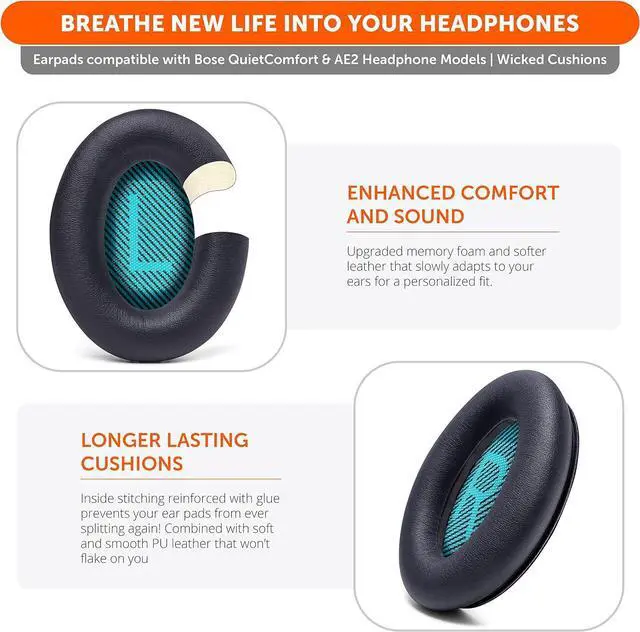 Alt view image 4 of 7 - Wicked Cushions Premium Replacement Ear Pads for  Headphones - Compatible with QC15 / QC25 / QC35 & 35 ii / QC2 / AE2 / AE2i / AE2W / Soundlink - Softer Leather Luxury Memory Foam | Black