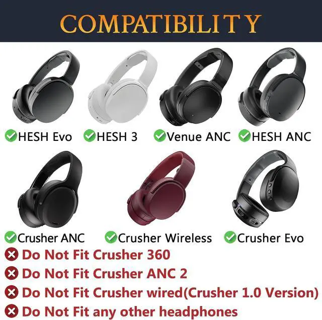 Alt view image 2 of 7 - Replacement Earpads for Skullcandy Hesh 3/ANC/Evo & Crusher Wireless/ANC/Evo & Venue ANC Over-Ear Headphones Ear Pads Cushions with Soft Protein Leather Noise Isolation Foam - Black