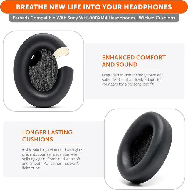 Alt view image 5 of 7 - Wicked Cushions Extra Thick Earpads for  WH1000XM4 Headphones - Soft PU Leather Cushions Luxurious Noise Isolating Memory Foam Added Thickness Without Disabling On/Off Sensor | Black