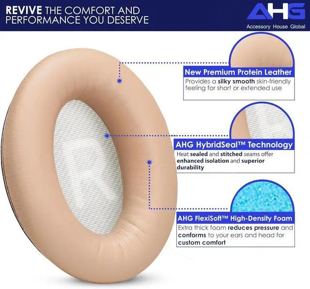 Alt view image 3 of 7 - AHG Premium SoundLink AE2 Ear Pads Cushions Compatible with  SoundLink AE2 /  SoundLink Around Ear ii Wireless Headphones (Beige). Premium Protein Leather | Extra Thick Soft High-Density Foam