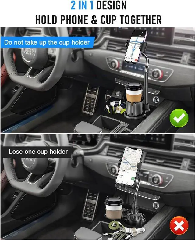 Alt view image 5 of 7 - Cup Phone Mount for Car, 2 in 1 Universal Cup Phone Holder for Car, Stretchable Long Neck Car Phone Mount, Hands Free 360° Rotation Compatible with All Smartphones