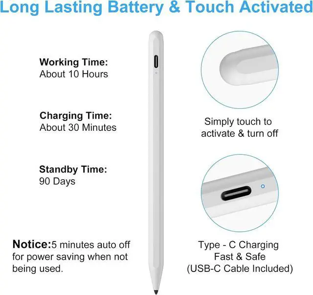 Alt view image 6 of 6 - Stylus Pen for iPad (2025-2018) with Fast Charge Palm Rejection Active Pencil for iPad10/9/8/7/6th 11th A16 Pro 11/13 M4 Air 11/13 M2/M3 Pro12.9 Air 5/4/3rd Mini 7/6/5