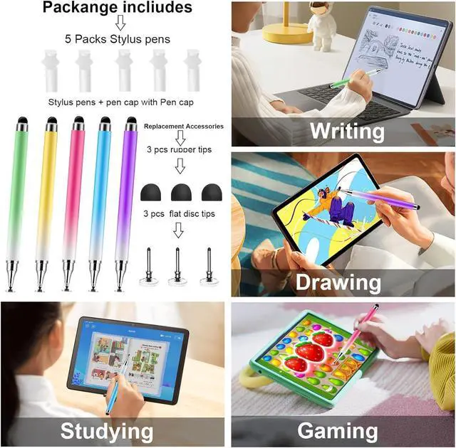 Alt view image 4 of 7 - 5Pack 3 in 1 Stylus Pen for Touchscreen iPad iPhone Stylus Pen with Pen Cap High Precision & Sensitivity Compatible for All Touch Screens iPhone iPad/Android Tablets Laptop