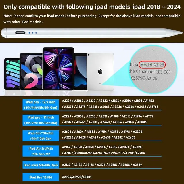 Alt view image 2 of 7 - Stylus Pen for iPad 6th-11th Generation 10 Mins Fast Charge  Pencil Compatible with 2018-2025 iPads Pencil  Pen for iPad Pro 11/12.9/M4 Air 3/4/5/M2/M3 Mini 5/6 Gen-White