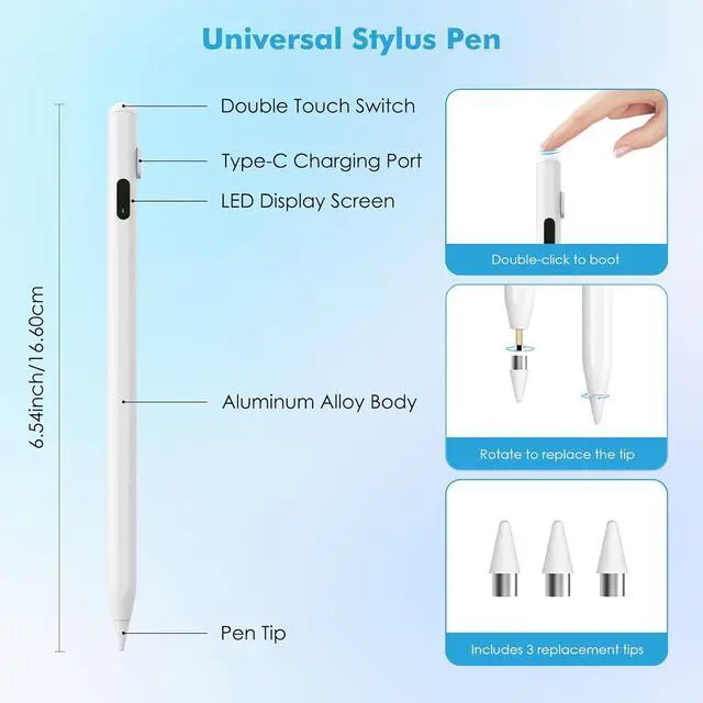 Alt view image 6 of 7 - Stylus Pen for Touch Screen Active Universal Stylus Pen Compatible with iPad/iPhone/ and Other iOS/Android Smartphone and Tablet Devices Tablet Pen with Power Display White