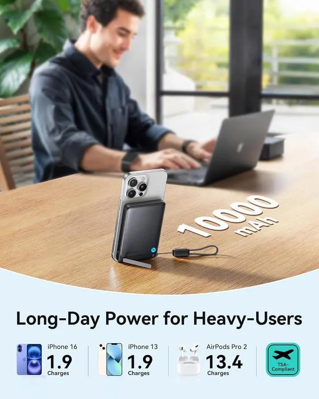Alt view image 5 of 7 - for MagSafe Portable Charger 45W Slimmest 10000mAh Magnetic Power Bank Qi2 Certified with Lanyard USB C Cable & Kickstand MagSafe Compatible Battery Pack for iPhone 16 15 14 13 Series Airpods