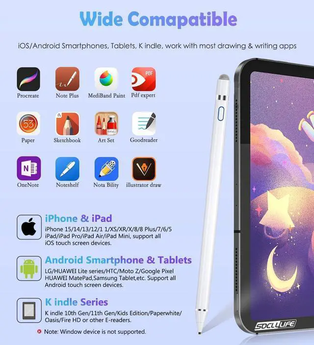 Alt view image 2 of 7 - Active Stylus Pen for Touch Screens Dual Pen Tips for Drawing Writing High Precise Universal Digital Pencil for A-pple i-Phone 17/16/15/14/13/12/11/X i-Pad Air/Pro/Mini Tablet/Phone/Sam-Sung/K-indle