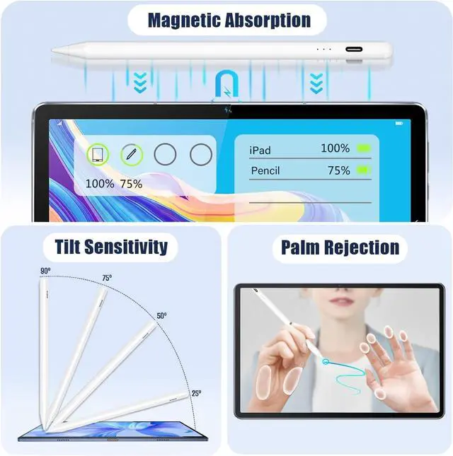 Alt view image 5 of 7 - Compatible with  iPad 2025-2018 iPad Pencil for 10 Generation Fast Charge and Palm Rejection Stylus Pen for iPad 10/9/8/7/6th Gen Air 11-13/M3/M2/5/4/3rd  Pro 11/12.9/13/M4 Mini 6/5th