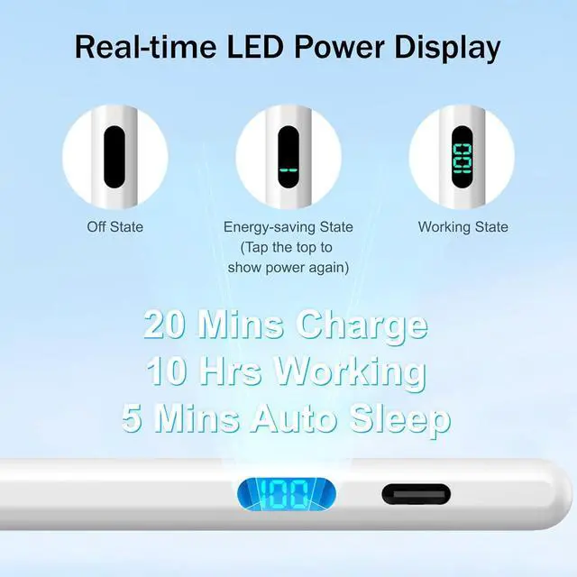 Alt view image 2 of 7 - Stylus Pen for iPad 2025-2018 with LED Power Display Fast Charge Palm Rejection Pencil for iPad 10/9/8/7/6th 11th A16 Air 11/13 M2/M3 Pro 11/13 M4 Pro 12.9 Air 5/4/3 Mini 7/6/5