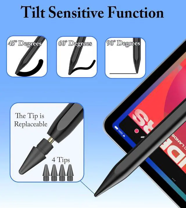 Alt view image 4 of 6 - Stylus Pen for iPad 2018-2025 Pencil for Pad 9th&10th Generation with Tilt Palm Rejection Pencil Compatible with  iPad 6/7/8/9/10/A16 Pro 11/12.9/13/M4 Mini 5/6 Air 3/4/5/M2/M3 - Black
