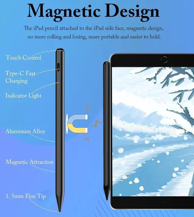 Alt view image 6 of 6 - Stylus Pen for iPad 2018-2025 Pencil for Pad 9th&10th Generation with Tilt Palm Rejection Pencil Compatible with  iPad 6/7/8/9/10/A16 Pro 11/12.9/13/M4 Mini 5/6 Air 3/4/5/M2/M3 - Black