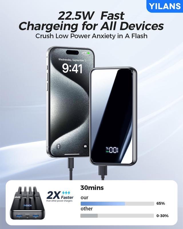 42800mAh Power Bank With Built-in Cables - 22.5W PD Fast Charging, 6 Outputs, LED Display