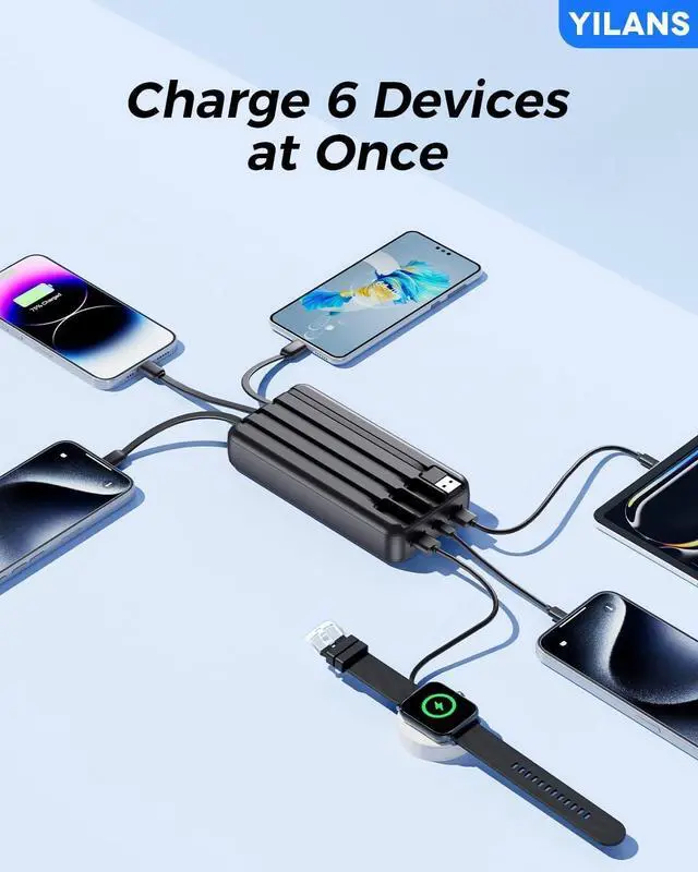 Alt view image 3 of 7 - Portable Charger 42800mAh Power Bank Built-in Cable 22.5W PD USB C In & Out Fast Charging External Battery Pack with 6 Output & 2 Input Travel Phone Charger for iPhone 16/15/14/13/12 Android