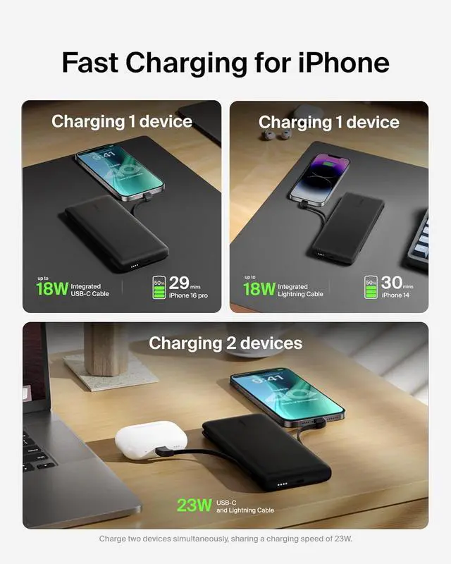 Alt view image 4 of 7 - Portable Charger Power Bank 10 000mAh 23W w/Integrated Lightning Cable & USB-C Cable - iPhone Charger Battery Pack for  iPhone 16 15 14 Galaxy S25 Pixel 9 Travel Essentials - Black