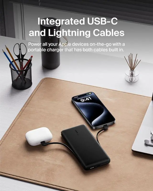 Alt view image 5 of 7 - Portable Charger Power Bank 10 000mAh 23W w/Integrated Lightning Cable & USB-C Cable - iPhone Charger Battery Pack for  iPhone 16 15 14 Galaxy S25 Pixel 9 Travel Essentials - Black