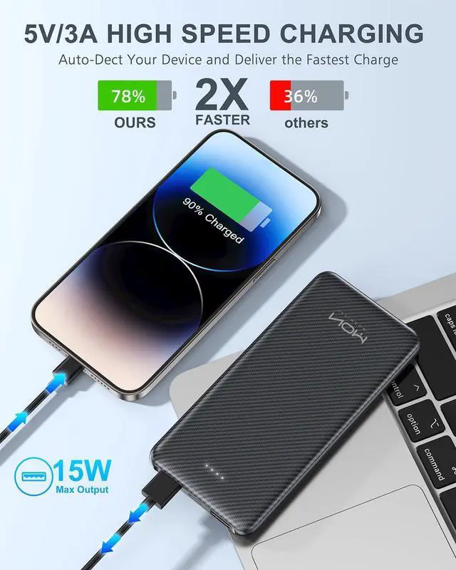 Alt view image 2 of 7 - Power Bank 10000mAh Portable Charger Slimmest 5V/3A Battery Pack USB C Input & Output External Phone Charger Compatible with iPhone 15 14 13 12 Galaxy S24 S23 S22 iPad Pixel etc (Black)