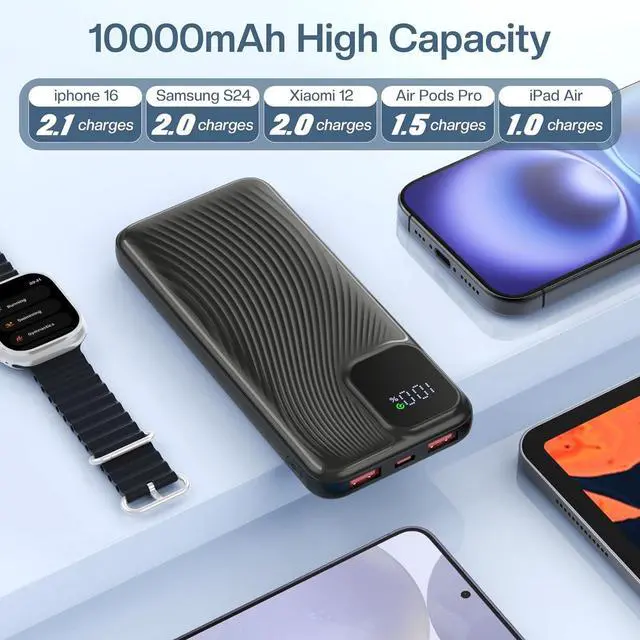Alt view image 3 of 7 - Portable Charger Power Bank 10000mAh 22.5W Fast Charging Battery Pack USB C in & Out LED Display Compatible with iPhone 16 15 14 13 Pro  S24 Google iPad Tablet