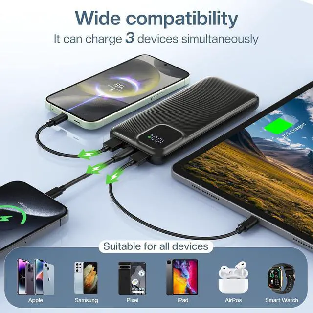 Alt view image 4 of 7 - Portable Charger Power Bank 10000mAh 22.5W Fast Charging Battery Pack USB C in & Out LED Display Compatible with iPhone 16 15 14 13 Pro  S24 Google iPad Tablet