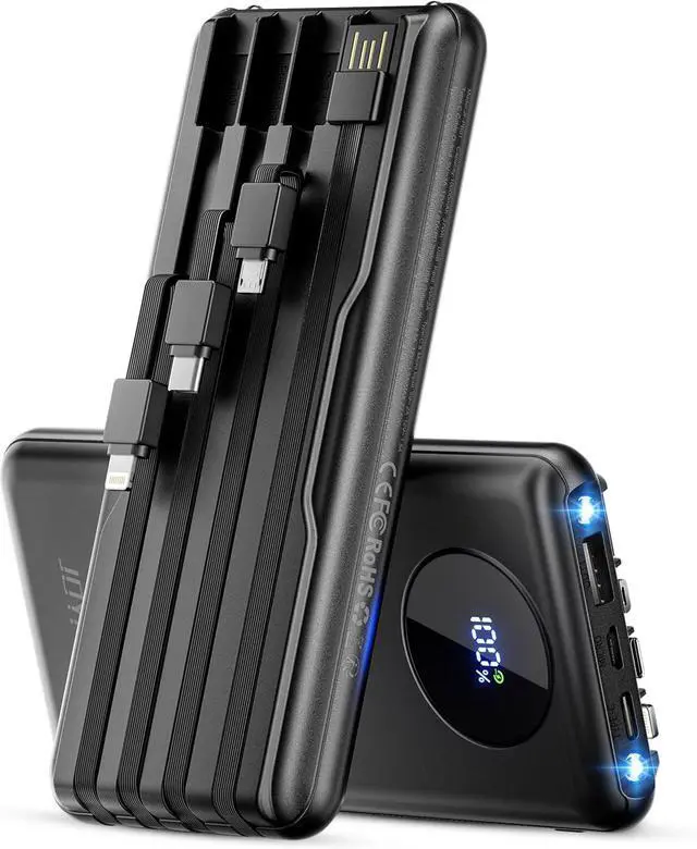 Main image of Portable-Charger-Power-Bank Travel Essentials Battery Pack USB C 10000mAh Built in Cable 22.5W Phone Fast Charging Powerbank Compatible with iPhone 16 15 14 13 12 11 iPad  Google (Black)