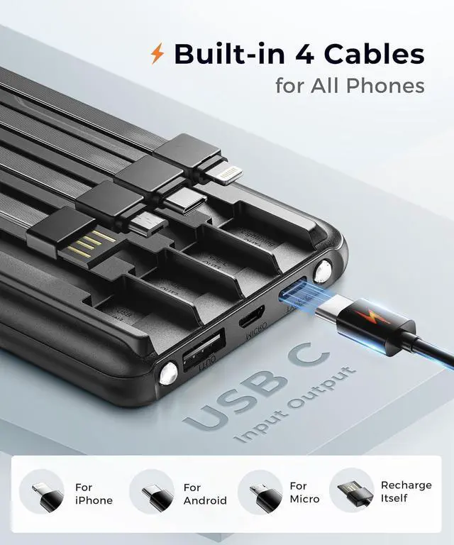 Alt view image 2 of 7 - Portable-Charger-Power-Bank Travel Essentials Battery Pack USB C 10000mAh Built in Cable 22.5W Phone Fast Charging Powerbank Compatible with iPhone 16 15 14 13 12 11 iPad  Google (Black)