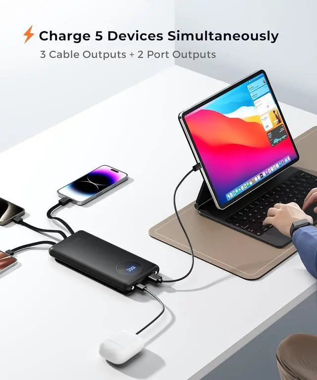 Alt view image 4 of 7 - Portable-Charger-Power-Bank Travel Essentials Battery Pack USB C 10000mAh Built in Cable 22.5W Phone Fast Charging Powerbank Compatible with iPhone 16 15 14 13 12 11 iPad  Google (Black)