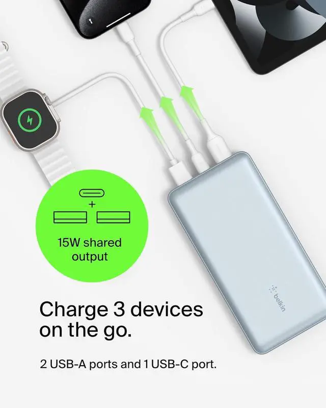 Alt view image 3 of 7 - Portable Charger USB-C Power Bank 10 000mAh w/ 2xUSB-A Ports 15W w/Type-C to Type-A Cable for iPhone 16 15  Galaxy S25 Pixel iPad Nintendo Switch 2 & More - Pearl Blue