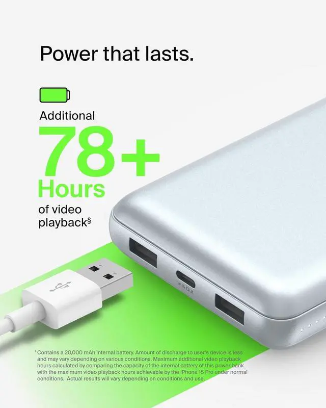 Alt view image 4 of 7 - Portable Charger USB-C Power Bank 10 000mAh w/ 2xUSB-A Ports 15W w/Type-C to Type-A Cable for iPhone 16 15  Galaxy S25 Pixel iPad Nintendo Switch 2 & More - Pearl Blue