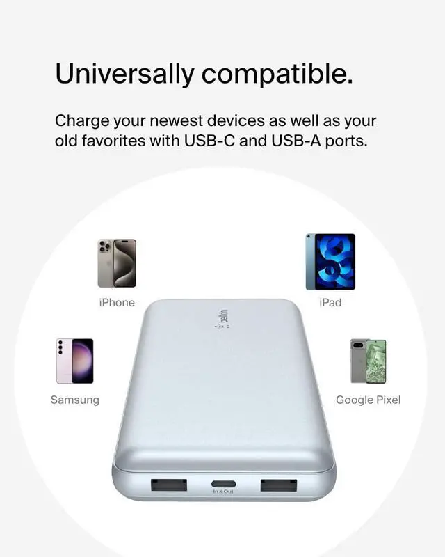 Alt view image 6 of 7 - Portable Charger USB-C Power Bank 10 000mAh w/ 2xUSB-A Ports 15W w/Type-C to Type-A Cable for iPhone 16 15  Galaxy S25 Pixel iPad Nintendo Switch 2 & More - Pearl Blue