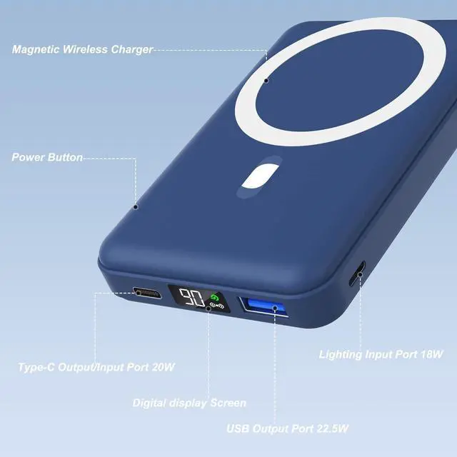 Alt view image 2 of 6 - Magnetic Power Bank 10000mAh Foldable Wireless Portable Charger with USB-C Cable LED Display for Mag-Safe Battery Pack 22.5W PD Fast Charging for iPhone 16/15/14/13/12 Pro/Pro Max/Plus/Mini