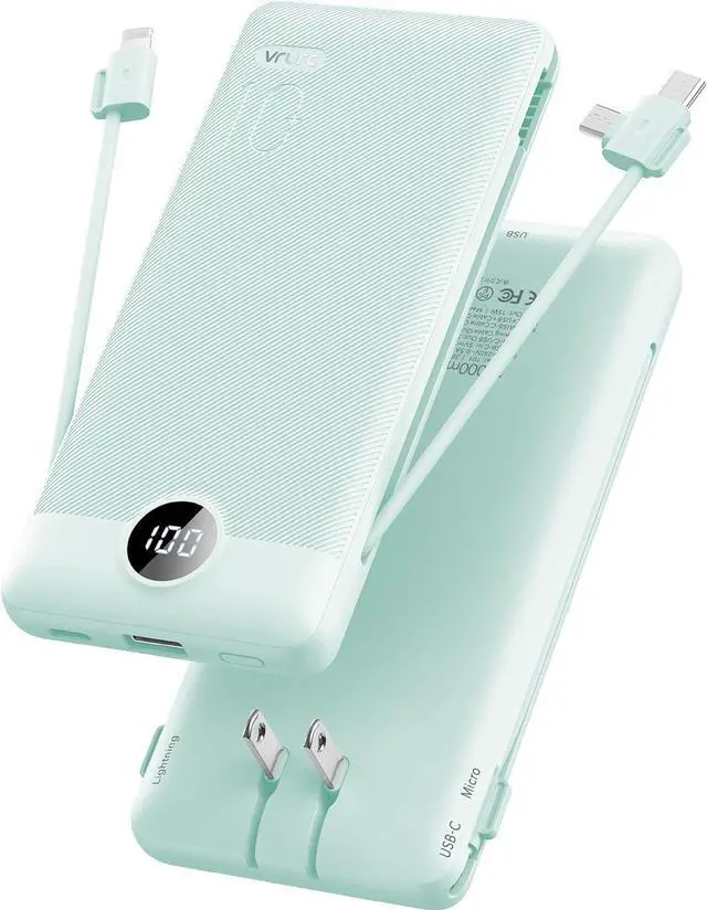Main image of Portable Charger Built-in Cables and AC Wall Plug USB C Power Bank 10000mAh Travel Battery Portable Phone Charger Compact Lightweight External Battery Pack for Smart Phones Tablets etc-Green