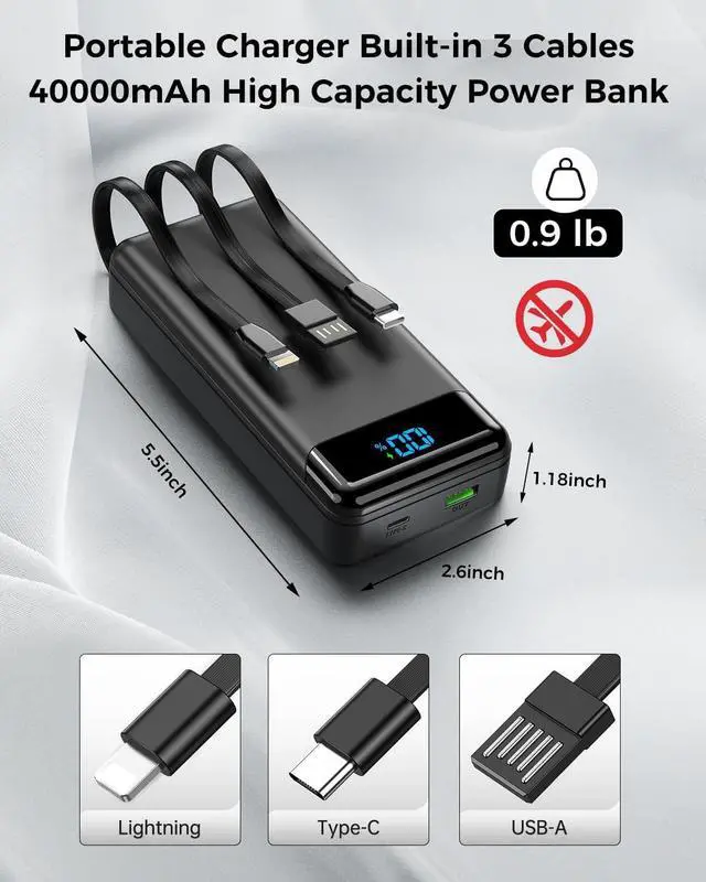 Alt view image 4 of 7 - Portable Charger 40000mAh Power Bank Built-in Cable Battery Pack PD 22.5W Fast Charging Portable Phone Charger 4 Output 3 Input Compatible with iPhone 16 15 14 13  Google iPad Outdoor