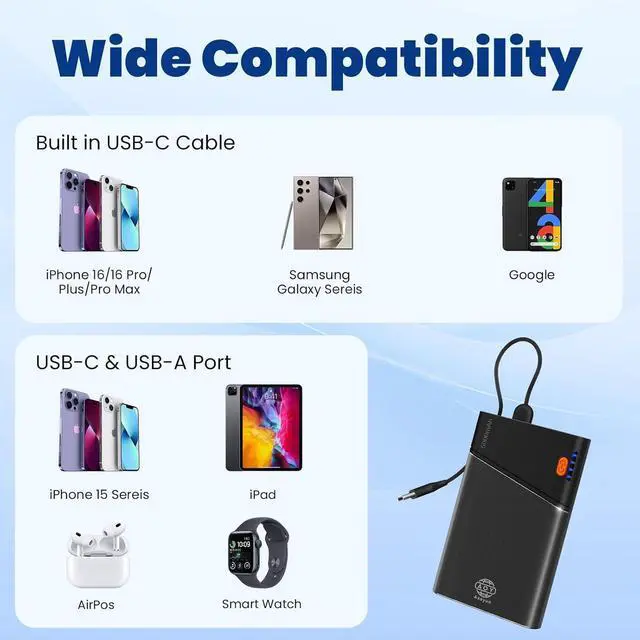 Alt view image 5 of 7 - Power Bank Smallest 5000mAh Portable Charger with Built-in USB C in&Out Fast Charging Cable Compact Super Slim Mini Battery Pack for iPhone 16/15/14  S24 with Lanyard Black
