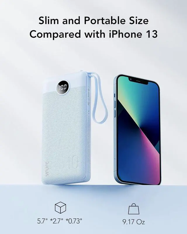 Alt view image 5 of 7 - 10000mAh Power Bank Built-in Cables Portable Charger with LED Display Slim Travel Battery Pack with Cords 5 Output Dual Input Phone Charger for Cell Phone Smart Devcies-Blue(1 Pack)