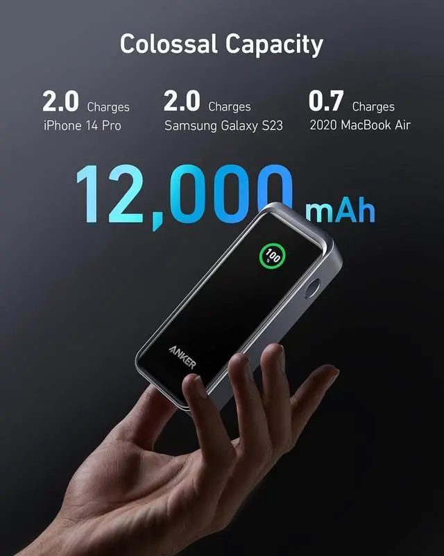 Alt view image 3 of 6 - Anker Prime Power Bank, 12,000 mAh 2-Port Portable Charger with 130W Output, Smart Digital Display, Compatible with iPhone 15/15 Plus/15 Pro/15 Pro Max, iPhone 14/13 Series, Samsung, MacBook, Dell