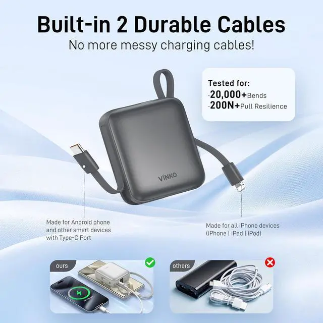 Alt view image 3 of 7 - Small Portable Charger 22.5W Fast Charging Mini Power Bank 10000mAh with Built-in Cables LED Display Travel Essential USB-C Battery Pack Compatible with iPhone  Android (Gray)