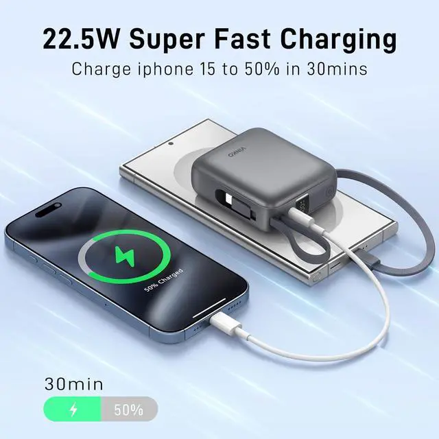 Alt view image 4 of 7 - Small Portable Charger 22.5W Fast Charging Mini Power Bank 10000mAh with Built-in Cables LED Display Travel Essential USB-C Battery Pack Compatible with iPhone  Android (Gray)