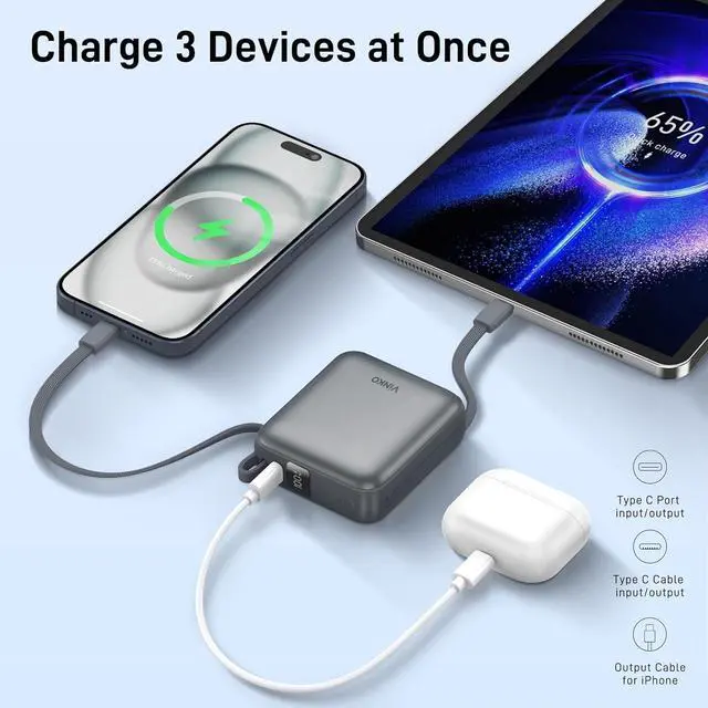 Alt view image 5 of 7 - Small Portable Charger 22.5W Fast Charging Mini Power Bank 10000mAh with Built-in Cables LED Display Travel Essential USB-C Battery Pack Compatible with iPhone  Android (Gray)