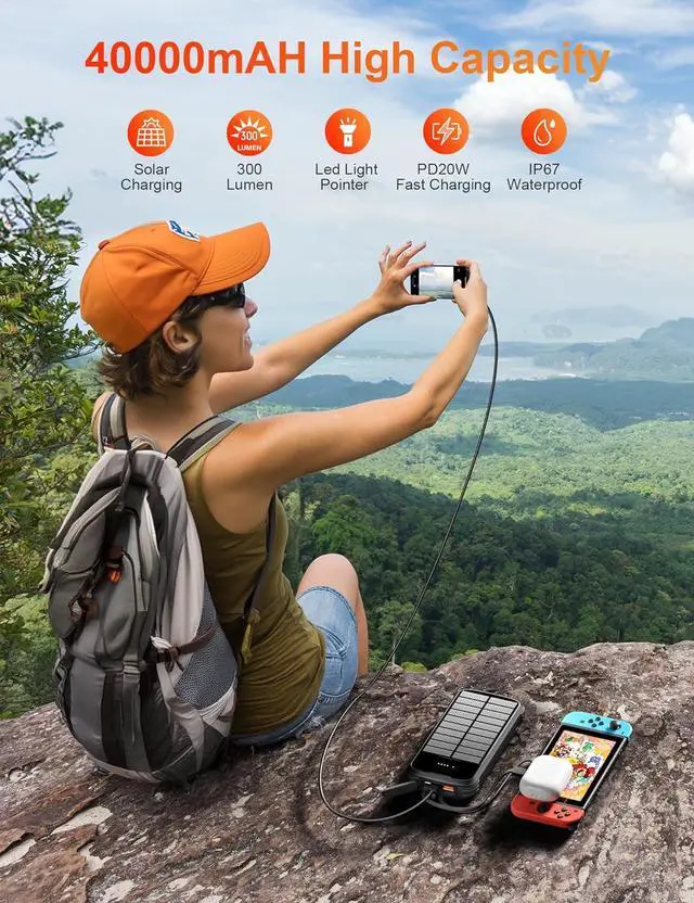 Alt view image 2 of 7 - Solar-Power-Bank-Charger 40000mAh Portable Phone Charger Built in 4 Cables with USB C in/Output PD 20W Fast Charging External Batter External Battery Pack with Dual Bright Flashlights