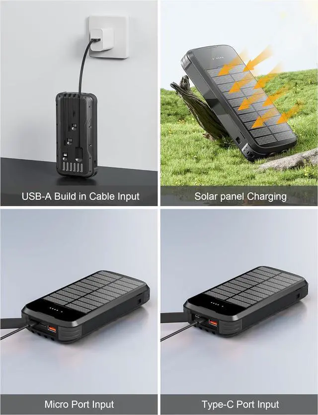 Alt view image 4 of 7 - Solar-Power-Bank-Charger 40000mAh Portable Phone Charger Built in 4 Cables with USB C in/Output PD 20W Fast Charging External Batter External Battery Pack with Dual Bright Flashlights