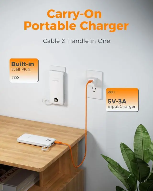 Alt view image 2 of 7 - Portable Charger with Built in Cables 10000mAh Power Bank Fast Charging with Foldable Wall Plug Charger 20W Compact Battery Pack Travel Essentials for iPhone 16/15 Series  Tablets