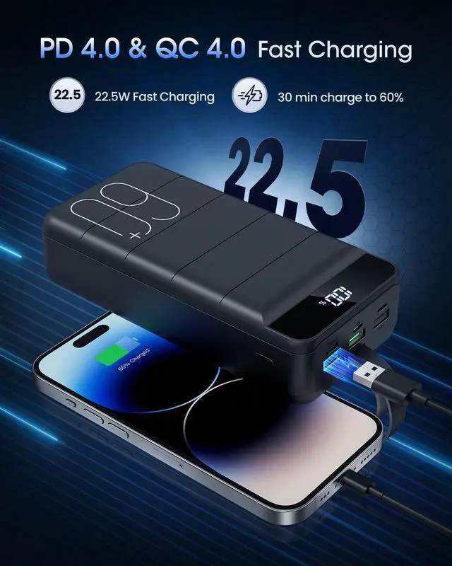 Alt view image 3 of 7 - Portable Charger 60000mAh Power Bank - 22.5W Fast Charging External Battery Pack, LED Display USB C Portable Cell Phone Charger for iPhone 15/14/13 Pro, Android, Samsung Galaxy, Etc