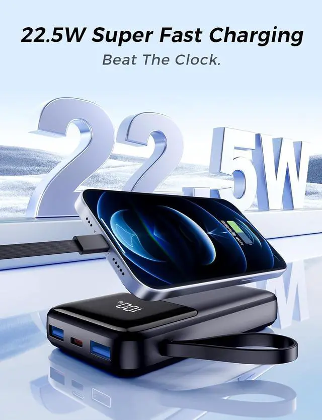 Alt view image 2 of 7 - Portable Charger with Built in Cable 15000mAh Power Bank 22.5W Fast Charging 6 Outputs Slim Travel Essential Battery Pack with LED Display Compatible with iPhone 16/15/14/13  iPad etc
