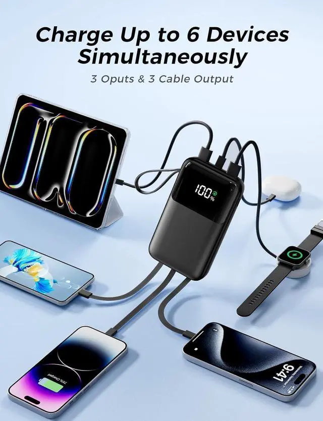 Alt view image 3 of 7 - Portable Charger with Built in Cable 15000mAh Power Bank 22.5W Fast Charging 6 Outputs Slim Travel Essential Battery Pack with LED Display Compatible with iPhone 16/15/14/13  iPad etc