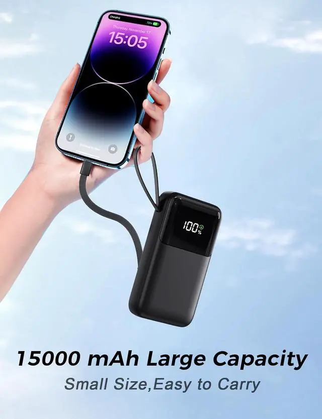 Alt view image 5 of 7 - Portable Charger with Built in Cable 15000mAh Power Bank 22.5W Fast Charging 6 Outputs Slim Travel Essential Battery Pack with LED Display Compatible with iPhone 16/15/14/13  iPad etc