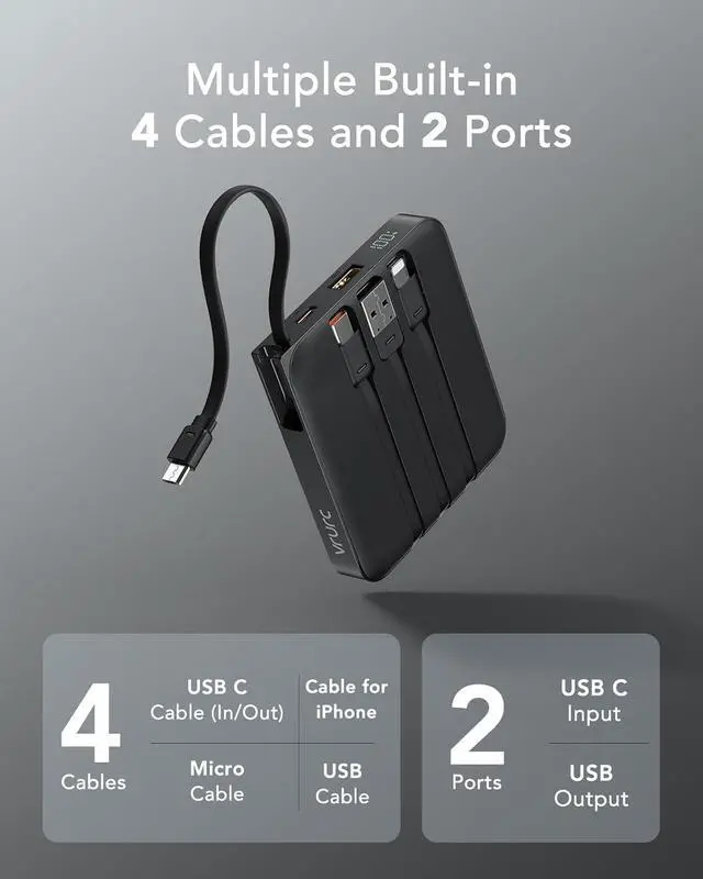 Alt view image 2 of 7 - Portable Charger with Built-in Cable 10000mAh 22.5W Fast Charging USB C Battery Pack Cell Phone Power Bank for iPhone 16 15 14  Galaxy S24 S23 Series Android Tablet Black(1 Pack)