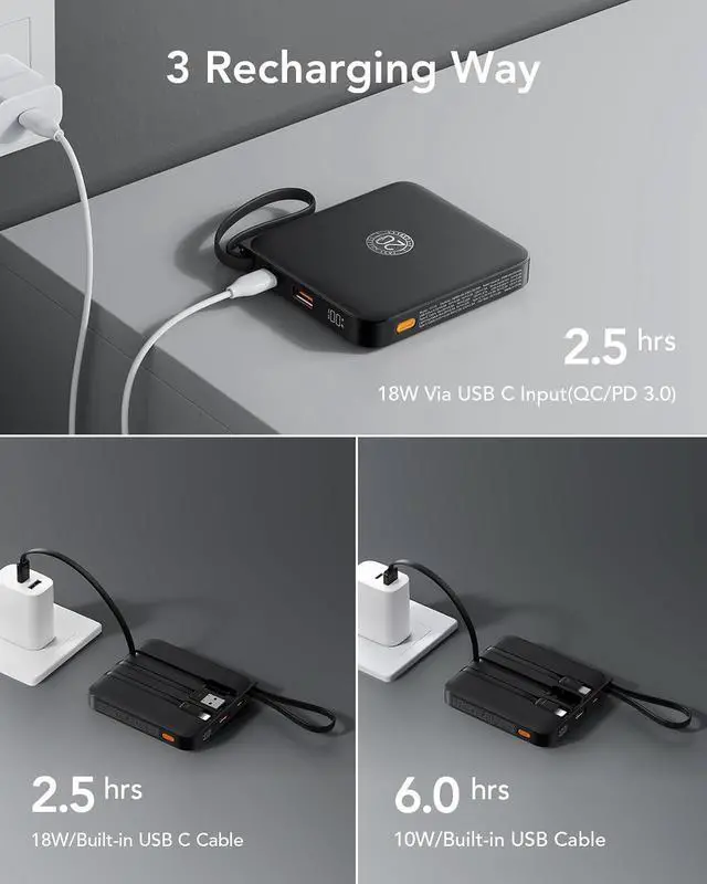 Alt view image 4 of 7 - Portable Charger with Built-in Cable 10000mAh 22.5W Fast Charging USB C Battery Pack Cell Phone Power Bank for iPhone 16 15 14  Galaxy S24 S23 Series Android Tablet Black(1 Pack)