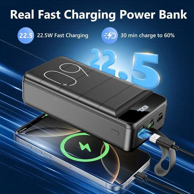 Alt view image 2 of 7 - Power Bank 60000mAh 22.5W Fast Charging Portable Charger with Flashlight 4 Outputs & 3 Inputs LED Display Huge Capacity External Battery Pack for Most Electronic Devices on The Market