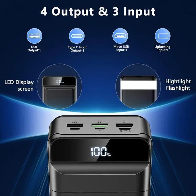 Alt view image 4 of 7 - Power Bank 60000mAh 22.5W Fast Charging Portable Charger with Flashlight 4 Outputs & 3 Inputs LED Display Huge Capacity External Battery Pack for Most Electronic Devices on The Market