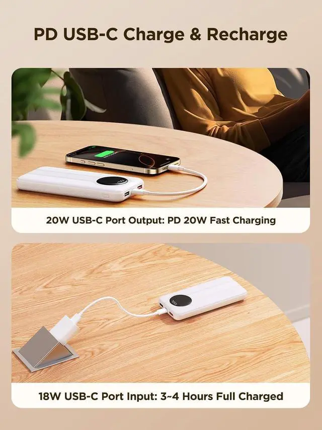 Alt view image 5 of 7 - Power Bank 10000mAh Portable Charger with Built in Cables Fast Charging 22.5W USB-C in/Out Slim Travel PowerBank Battery Pack for iPhone 16 15 14 13 12  Galaxy S24 A15 Android Phone